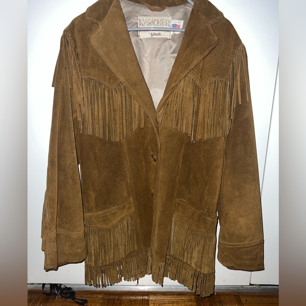 Vintage Schott NYC Rancher fringe suede brown leather jacket size 16